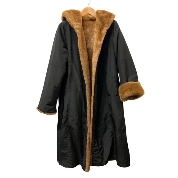Roamans Black & Brown Reversible Faux Fur Full‑Length Trench Coat Plus Size Cozy - Picture 2 of 16